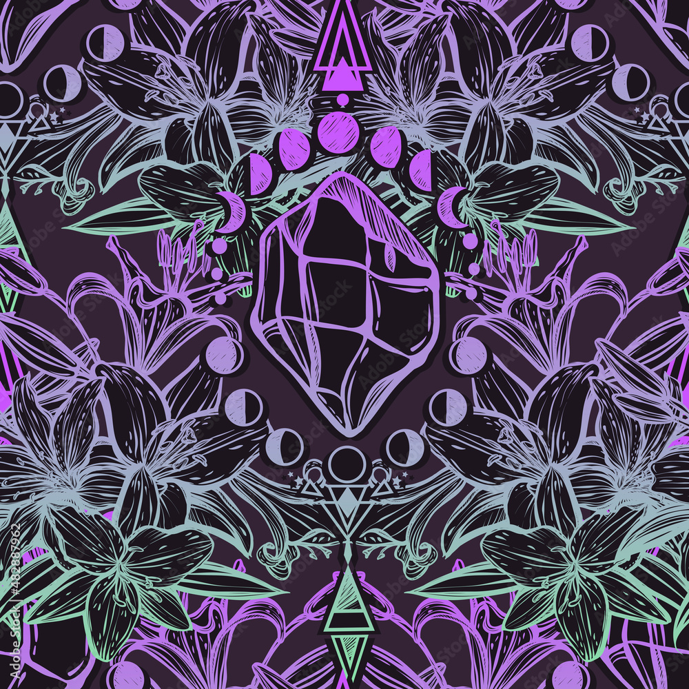 Fototapeta premium Botanical vector illustration, summer lilium flowers, bouquet of flowers, line art style, magic astrology, romantic decoration, dark background, seamless pattern, Handmade