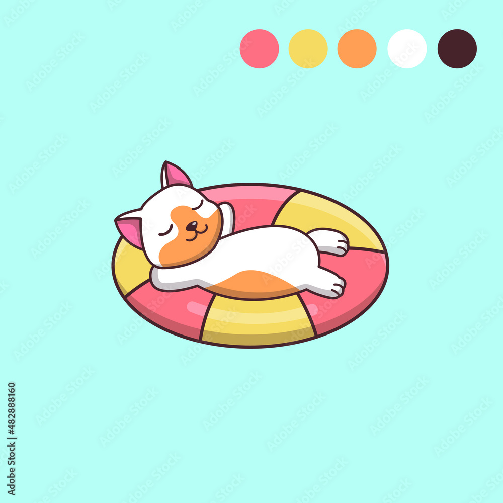 Cute cartoon lying cat on an inflatable circle vector illustration. Animal isolated vector. Flat cartoon style Cute cartoon lying cat on an inflatable circle vector illustration. Animal isolated vector. Flat cartoon style