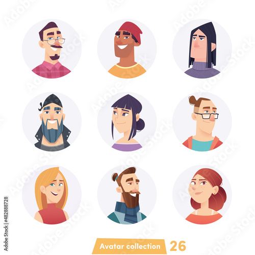 Collection of cartoon avatars. Vector isolated heads of men and women. Teenagers and adults with beard and glasses.