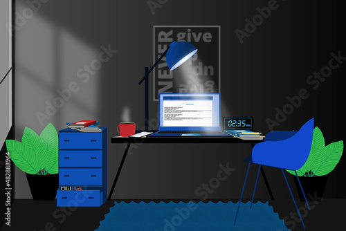 Working late night clip art.Illustration of working till late night .Working from home illustration