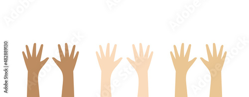 Group of human hands up in different skin tones isolated