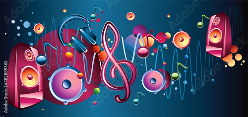 Bright funky speakers with clef and notes on modern musical background