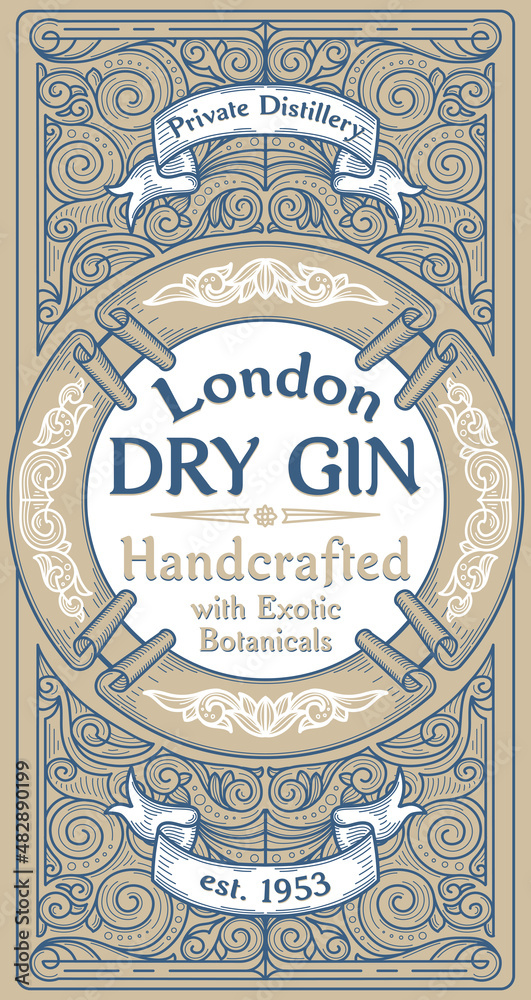Dry gin - ornate vintage decorative label