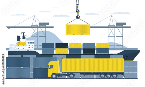 Loading containers on a truck in the port from a container ship. Vector illustration.