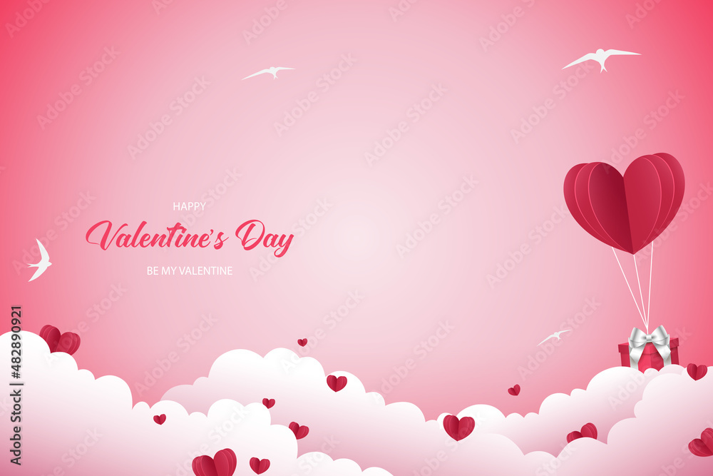 Valentine's Day Background.Poster,banner.With heart paper, gift box, cloud and Silhouette bird