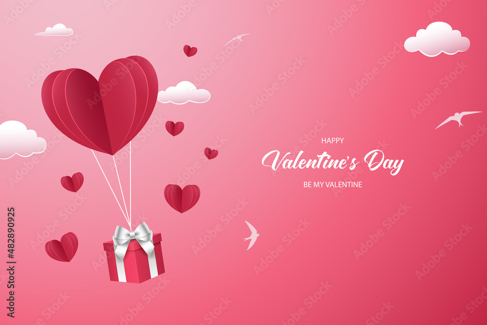 Valentine's Day Background.Poster,banner.With heart paper, gift box, cloud and Silhouette bird
