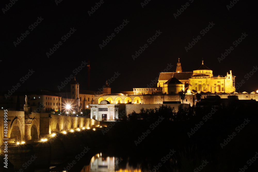 The night view of the Roman bridge and Mezquita cathedral in Cordoba
