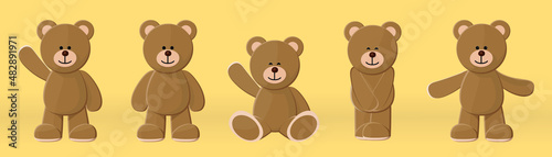 Cute teddy bear cartoon vector set with various gestures on light yellow background.