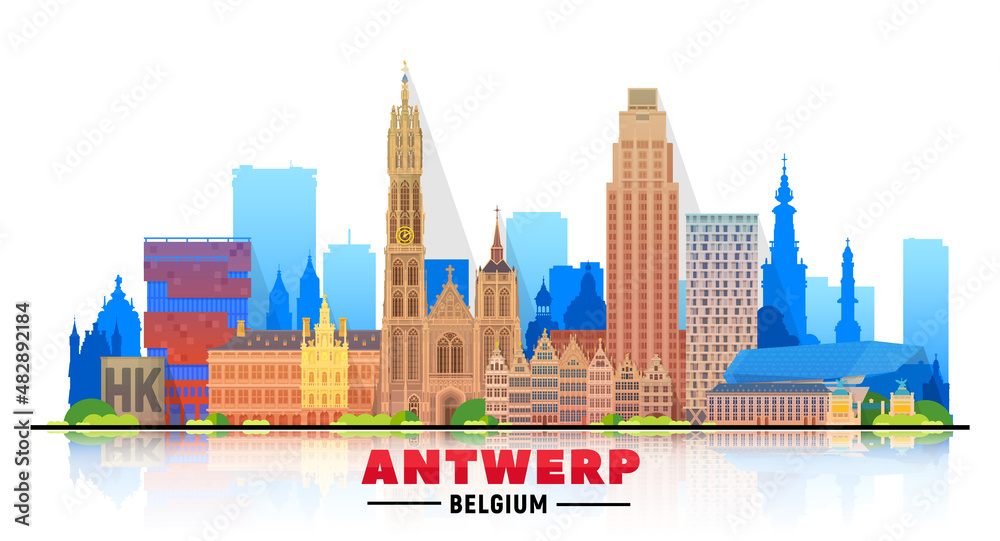 Antwerp (Belgium) skyline with panorama in white background. Vector Illustration. Business travel and tourism concept with modern buildings. Image for presentation, banner, website.
