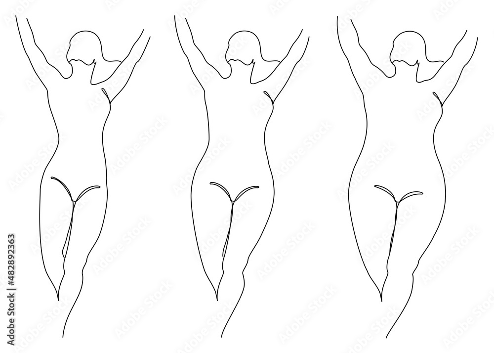 Collection. Silhouette of a figure of a beautiful woman in a modern one-line continuous line style. The girl is thin, slender, and the woman is fat. The lady is standing. Set of vector illustrations. Collection. Silhouette of a figure of a beautiful woman in a modern one-line continuous line style. The girl is thin, slender, and the woman is fat. The lady is standing. Set of vector illustrations.