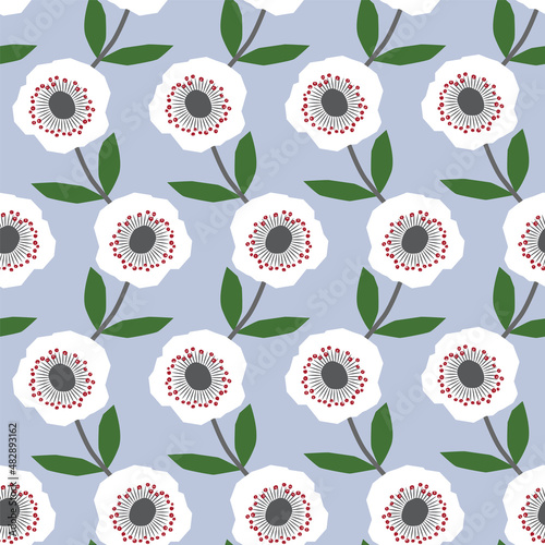 Abstract Scandinavian seamless floral pattern. Simple Nordic flower head and stem background. Print block for fabric cloth, interior textile. Retro white folk flowers minimal design.