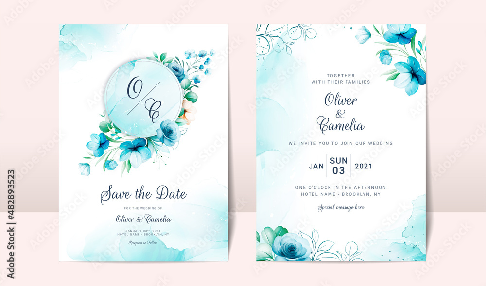 Blue wedding invitation card with watercolor floral decoration and abstract background