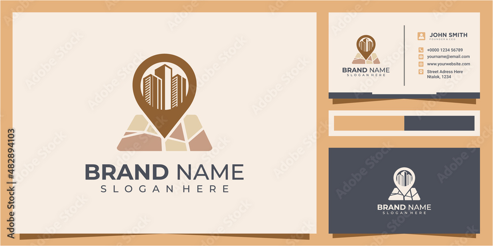 Fototapeta premium Building location logo design with pin concept. Building map pin location logo design inspiration