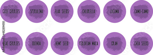 Vector set isolated food labels or stickers for nutritional supplements. Use to label kitchen food containers with spices. Labels, stickers,  frame and nutritional supplements name in English