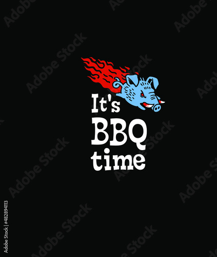 It's BBQ time, Flying Pig on black background, Cartoon character. Barbecue, restaurant logo, sticker, card, t shirt print
