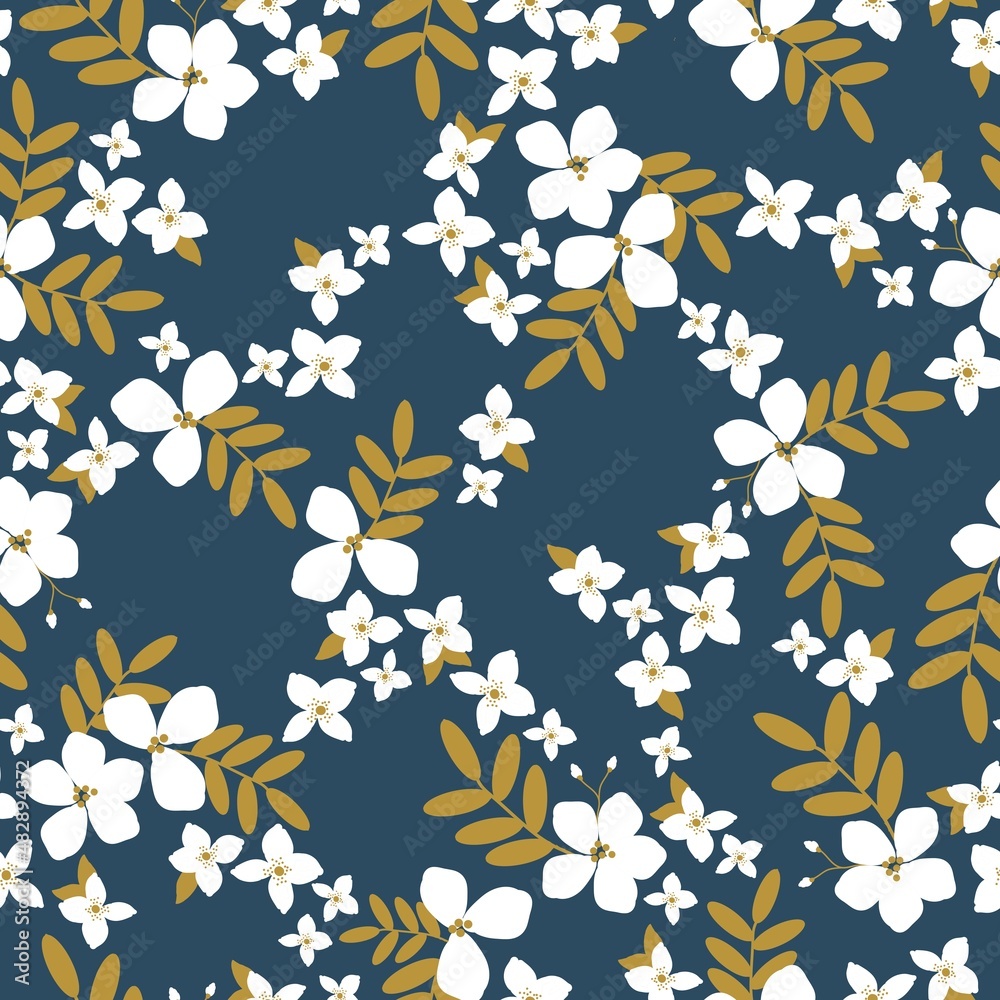 Obraz premium Seamless vintage pattern. White flowers, golden leaves. Blue background. vector texture. fashionable print for textiles, wallpaper and packaging.