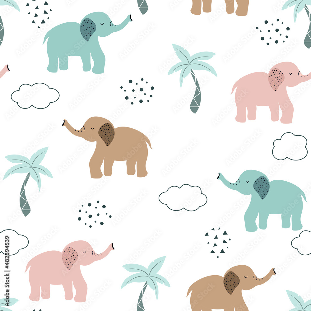 Cute little elephants seamless pattern. Cartoon kids background with ...