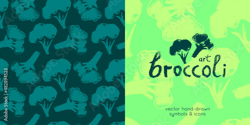 Vector broccoli pattern seamless. Green cabbage flowering illustrations. Vegan restaurant background, vegetarian wallpaper. Organic food ornament. Textured vegetable backdrop for farmers market design