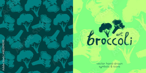 Vector broccoli pattern seamless. Green cabbage flowering illustrations. Vegan restaurant background, vegetarian wallpaper. Organic food ornament. Textured vegetable backdrop for farmers market design