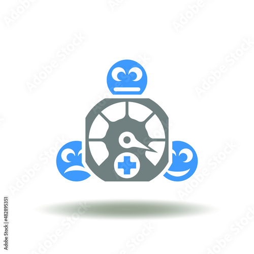 Vector illustration of indicator meter with smile and medical cross. Icon of patient experience. Symbol of medical pharmacy level rating, evaluation, feedback.