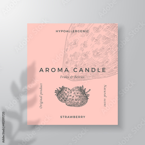 Aroma candle vector label template. Strawberry berry scent from local purveyors advert design. Ink style sketch background layout decor Natural smell product package text space