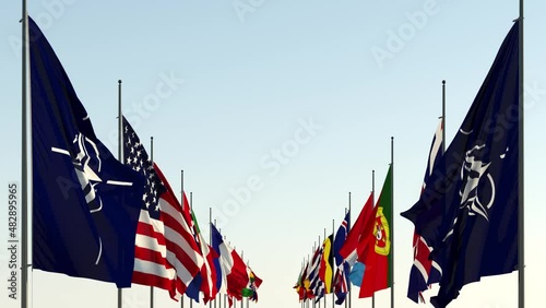 The flags of the member countries of the Nato Alliance against the sky. High quality FullHD footage photo