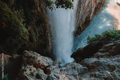 Overhead shot  Monasterio de Pierda Natural Park in Arag  n  Spain. View of one of the big waterfalls and its course  beautiful and magical landscape.