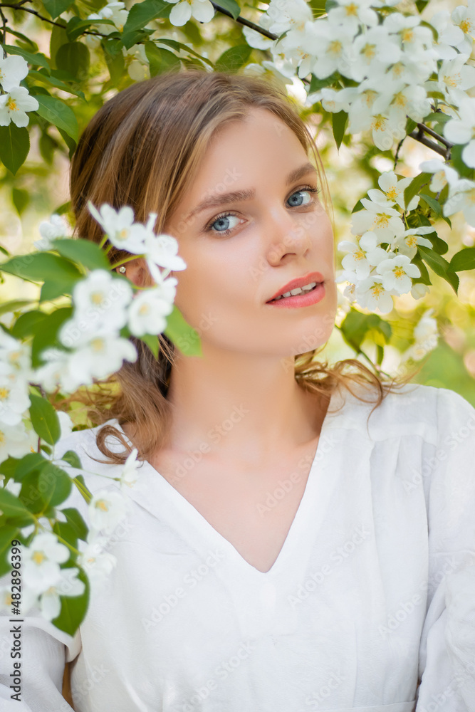 Portrait of a young woman in a white dress against the backdrop of blooming apple trees. The girl poses against the background of flowers in the spring park. Portrait of a young woman in a white dress against the backdrop of blooming apple trees. The girl poses against the background of flowers in the spring park.