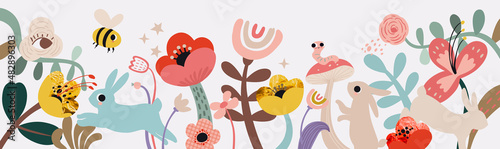 Fairy floral spring horizontal banner. Bee, flowers, plants, cute rabbits and bunnies in pastel colors. Modern minimalist poster, greeting card, header for website