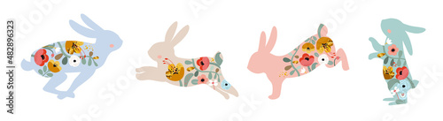 Happy Easter easter card. Decorated horizontal banner. Illustrations of Bunnies and rabbits, Easter eggs and flowers. Folk style icons patterned design border. photo