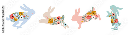 Happy Easter easter card. Decorated horizontal banner. Illustrations of Bunnies and rabbits, Easter eggs and flowers. Folk style icons patterned design border.
