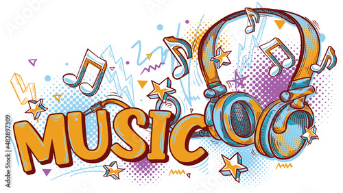 Music design - graffiti drawn headphones and notes