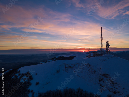 sunrise on Mount Nerone with RAI antennas in the Marche region in the Province of Pesaro Urbino Italy