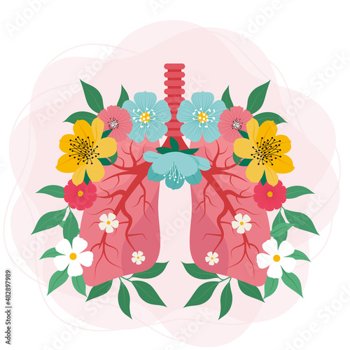 Lungs with flowers image. Vector illustration, concept of healthy lungs people