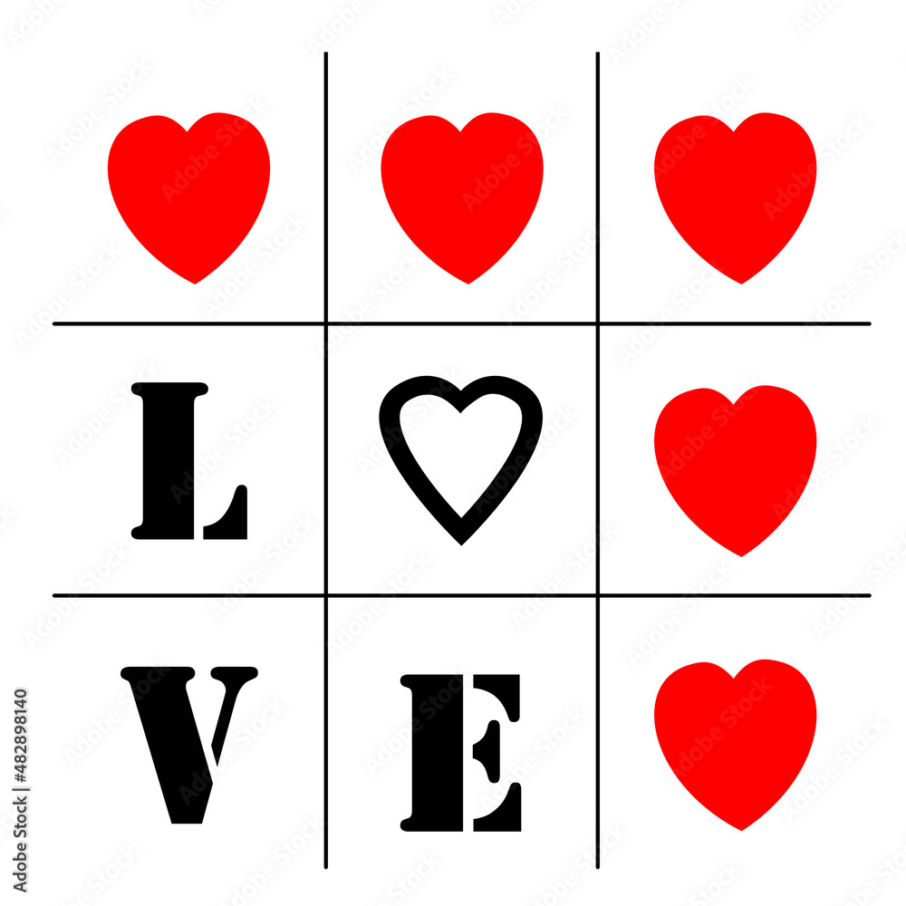 set of hearts, tic-tac-toe, sticker for valentine's day
