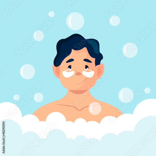 A young man is resting in the bathroom. Relaxation  water treatments  spa treatments  self-care. Vector illustration in cartoon style