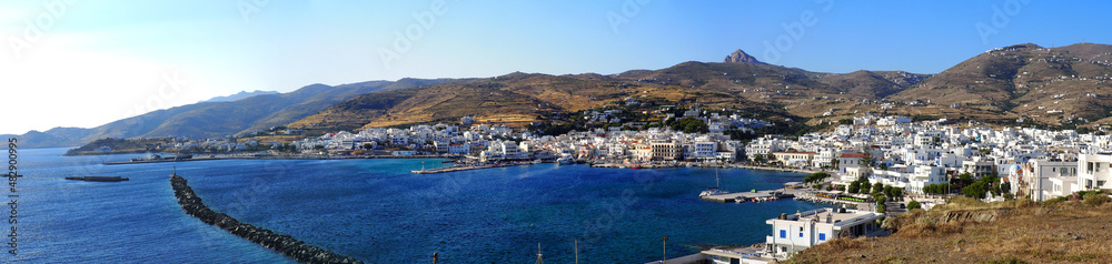 Superb panoramic view of the port of Tinos, a magnificent Cycladic island in the heart of the Aegean Sea, dominated by the Church of Panaghia Evangelistria