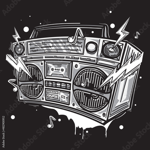 Black and white hand drawn boom box tape recorder graffiti