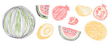 Watermelon, garnet and melon. Fruit bundle. Hand drawn vector illustration. Pen or marker doodle sketch. Line art silhouettes. Contour drawing.