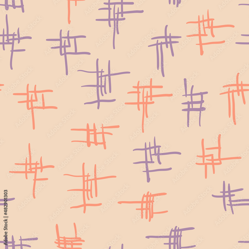 Pattern of a two-tone coral and lilac lattice on a light background. Seamless pattern.