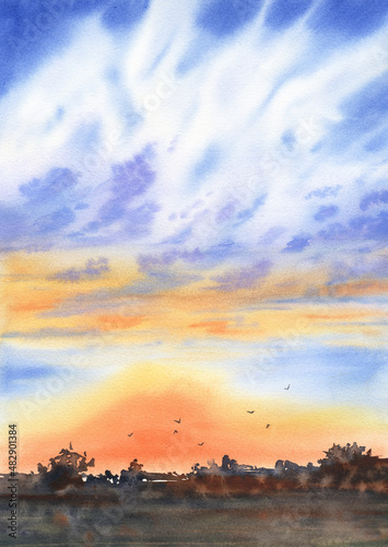 Colorful sky and clouds at sunset. Watercolor landscape painting for print  cards  covers. Calm nature and sunrise