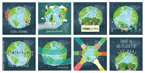 People Characters trying to Save Planet Earth. Global Warming and Climate Change Concept.