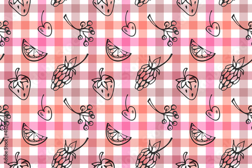 Pink checkered seamless pattern. Hand drawn black ink brush stroke, isolated garden fruit shapes, doodle style. Geometric grid, pink palette colors. Transparency effect. White background. Vector