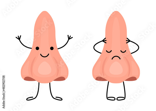 Nose happy healthy and sad sick characters, care of health breath. Check smell organ for kids. Check health of nose. Runny nose, difficulty breathing concept. Vector illustration
