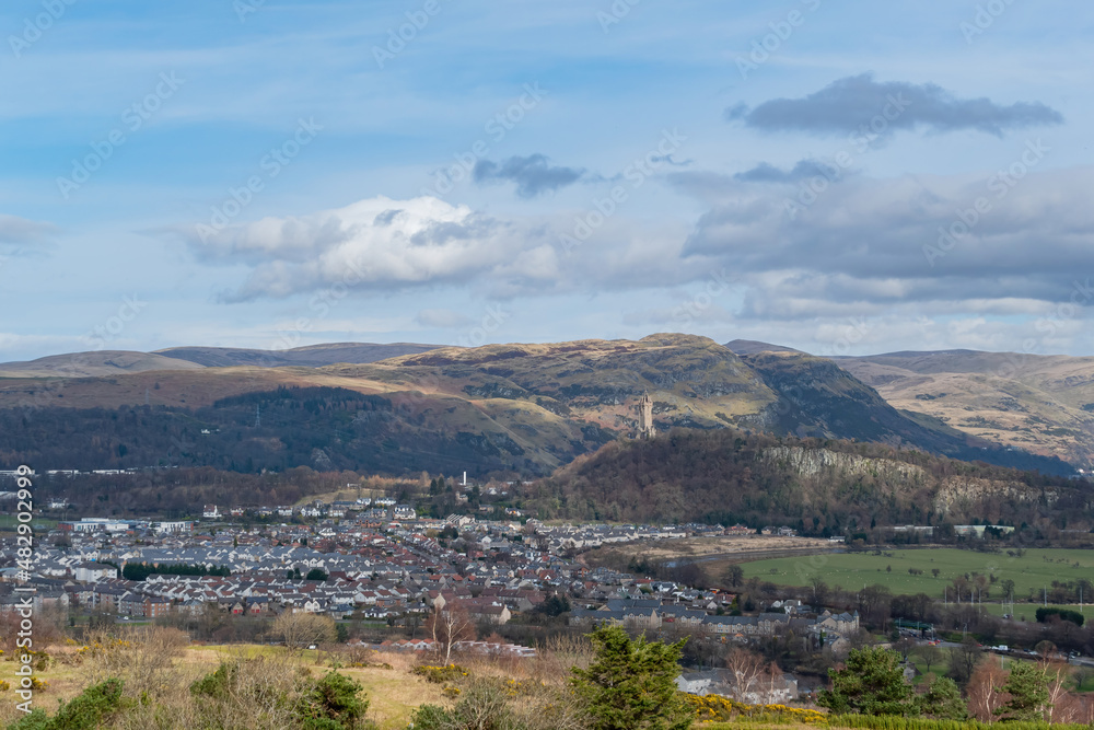 High angle view of the cityscape with The National Wallace Monument from Stirling Castle