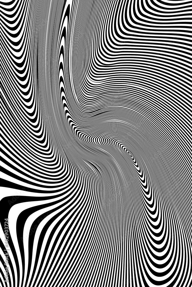 Abstract Black and White Geometric Pattern with Waves. Spiral Striped Structural Texture. Raster. 3D Illustration
