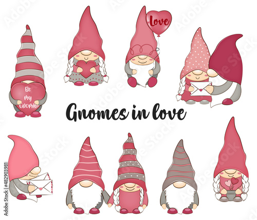 Cute Valentines day gnomes with hearts. Vector illustration.