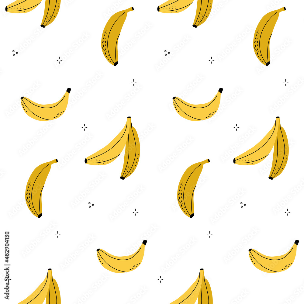 Seamless pattern of yellow bananas in the style of line art. Summer Fruit abstract background with doodle elements. Vector hand drawn illustration. Seamless pattern of yellow bananas in the style of line art. Summer Fruit abstract background with doodle elements. Vector hand drawn illustration.