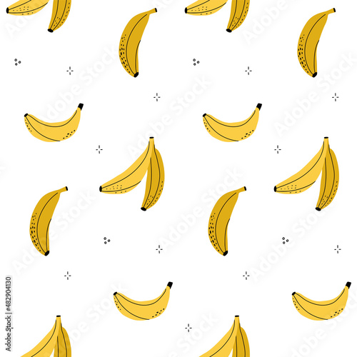 Seamless pattern of yellow bananas in the style of line art. Summer Fruit abstract background with doodle elements. Vector hand drawn illustration.