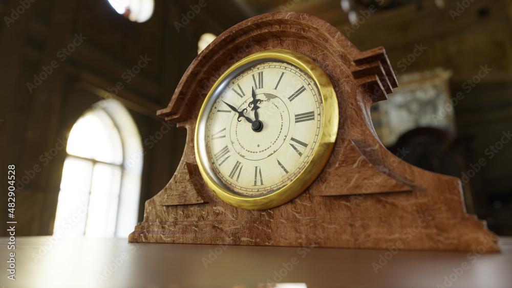 3d visualization of an antique clock made of wood